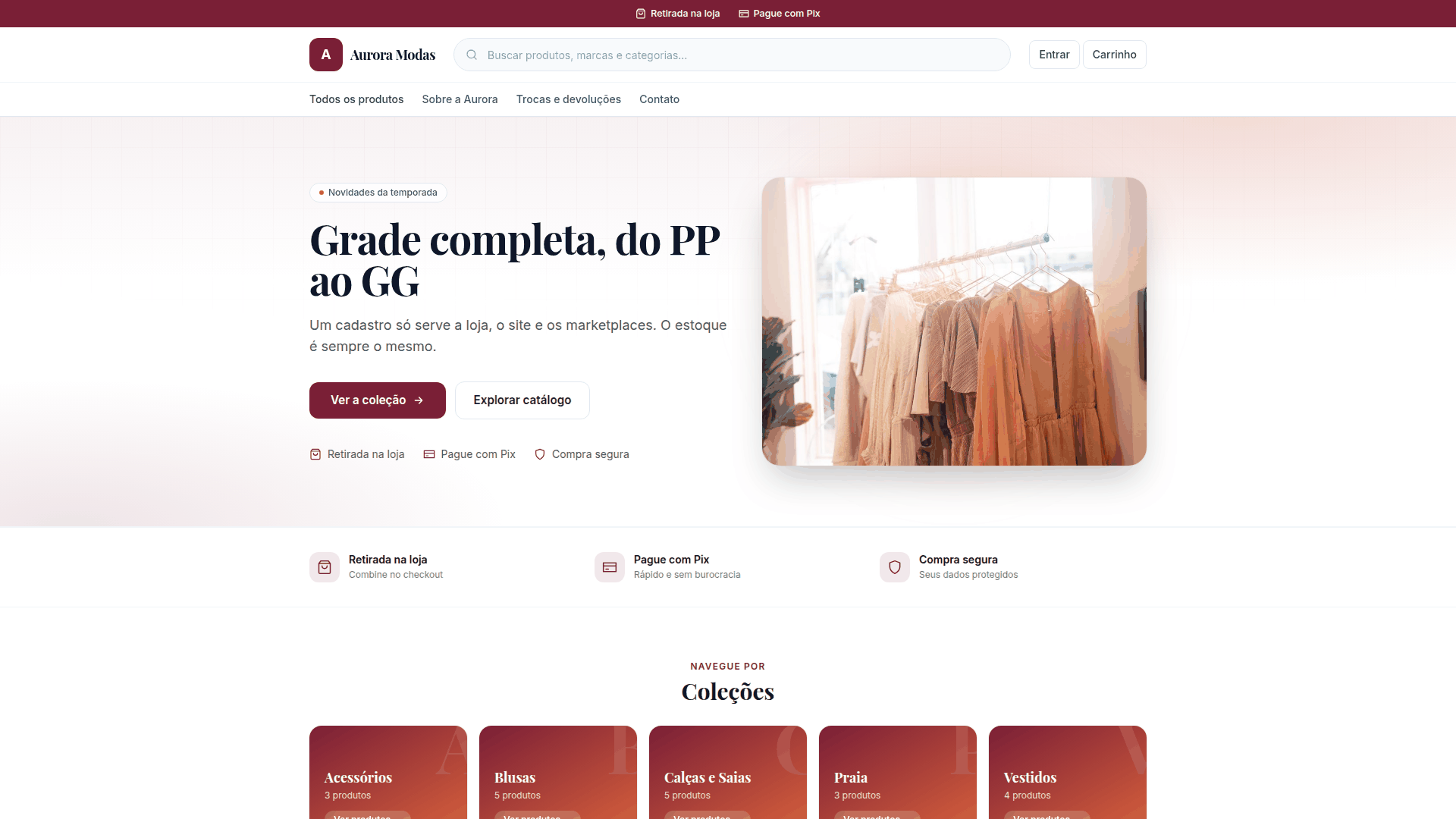 Online store of a fashion boutique: content pages in the menu, photo banner, in-store pickup and Pix badges, and the collections grid by category